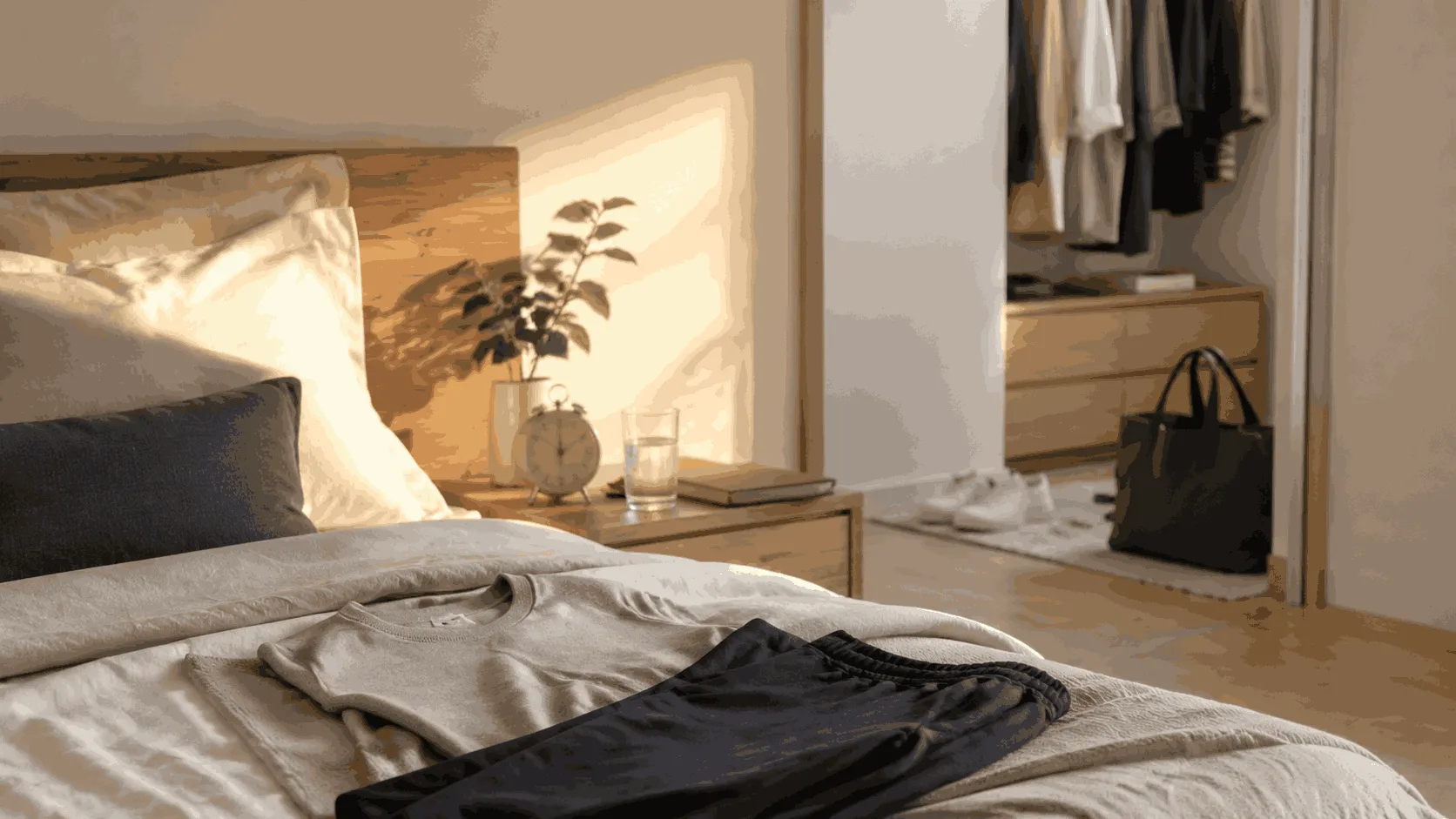 Clothes and daily essentials prepared for a practical morning routine