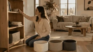 Woman calmly decluttering one shelf in a modern living room