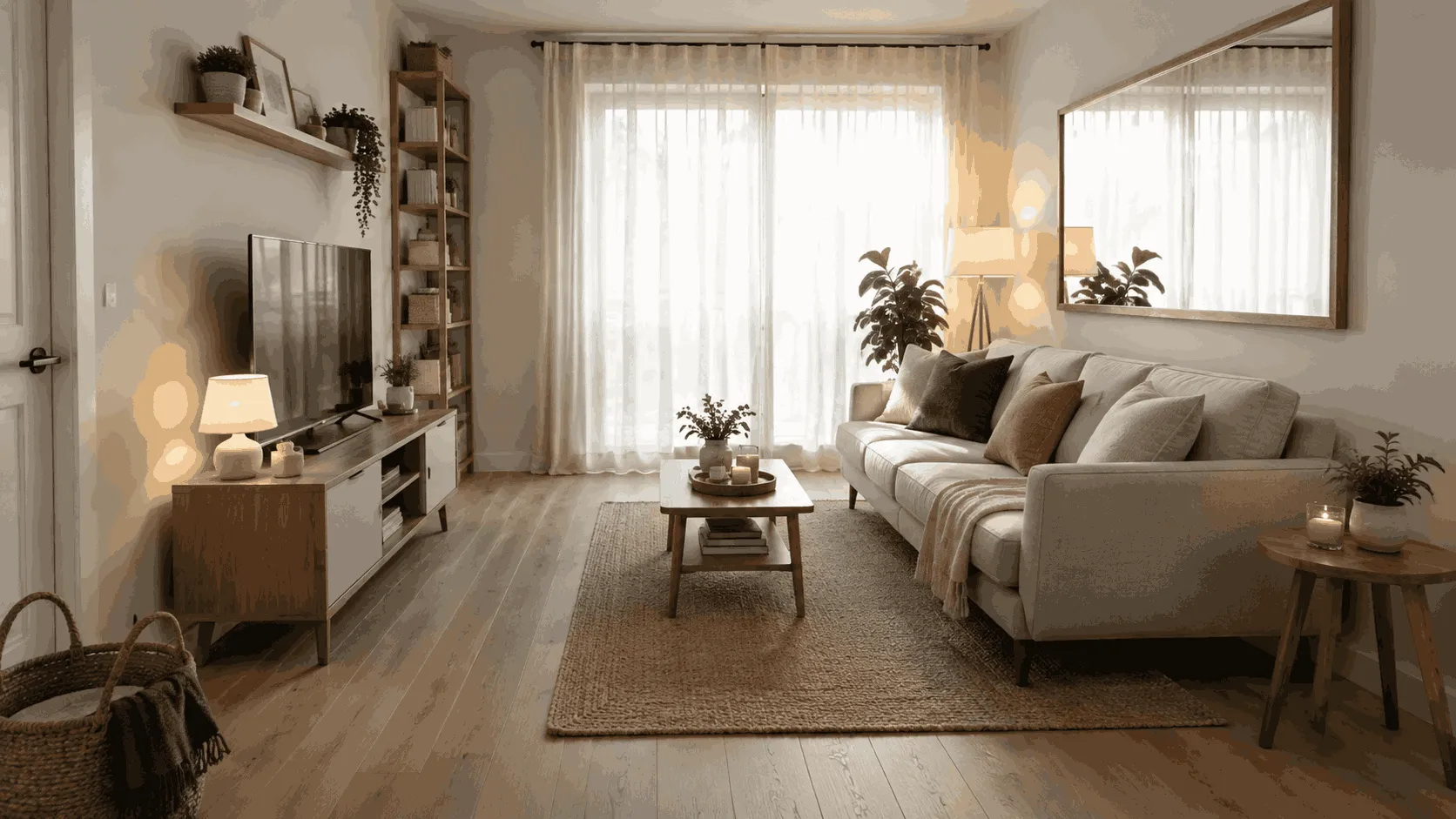 Small living room designed to look bigger with light and open space