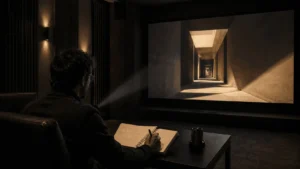 Film enthusiast taking notes while analyzing a projected movie