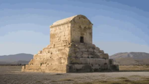 Tomb of Cyrus at Pasargadae in Iran surrounded by the open Fars landscape
