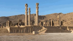 Ancient columns and stone ruins of Persepolis in Fars Province, Iran