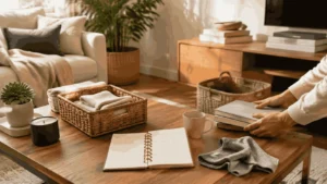 An organized living room prepared during a weekly home reset routine