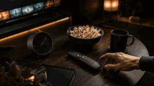 Remote control and late-night viewing setup for a binge-worthy TV show