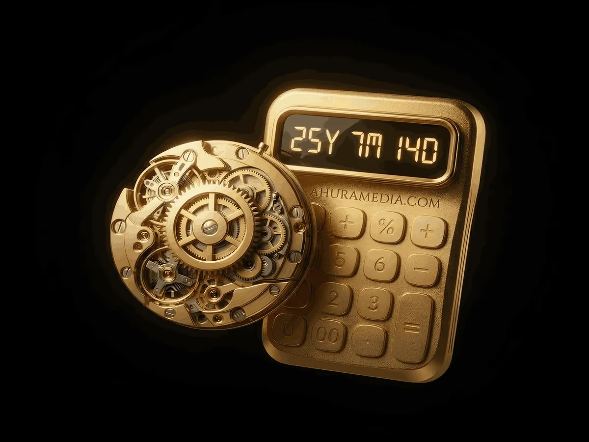 3D gold clock and calendar representing an age calculator for calculating exact age in years, months, and days.