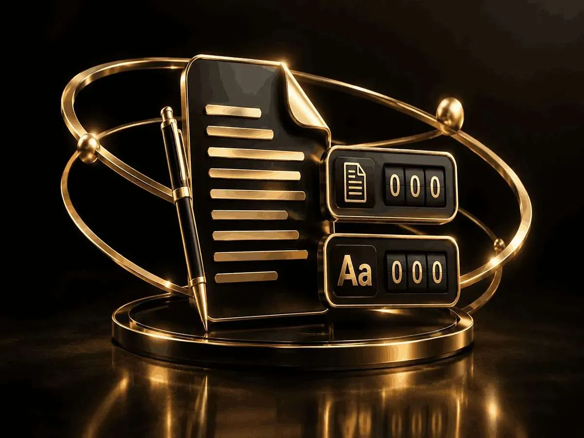 Word and character counter tool with a black and gold 3D document design